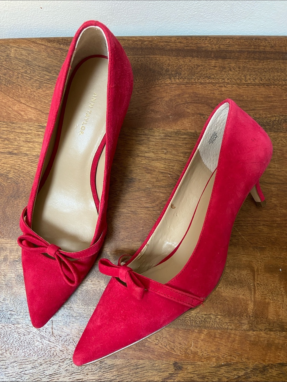 Ann Taylor Reese Red Suede Pointed-Toe Bow Pumps